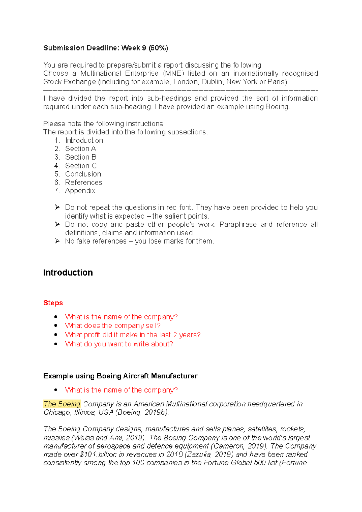 Boeing template 2020 2021 - Submission Deadline: Week 9 (60%) You are ...