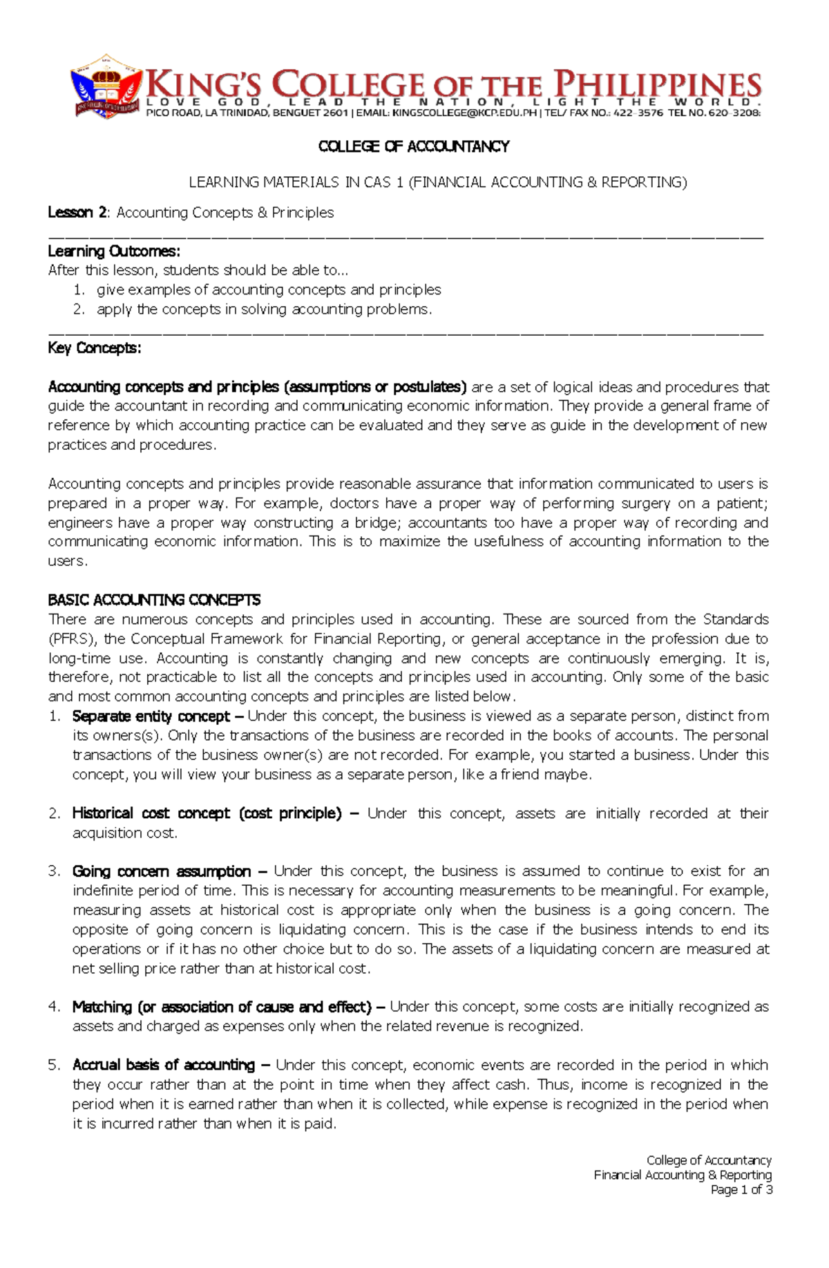 Lesson 2 Accounting Concepts and Principles - COLLEGE OF ACCOUNTANCY ...
