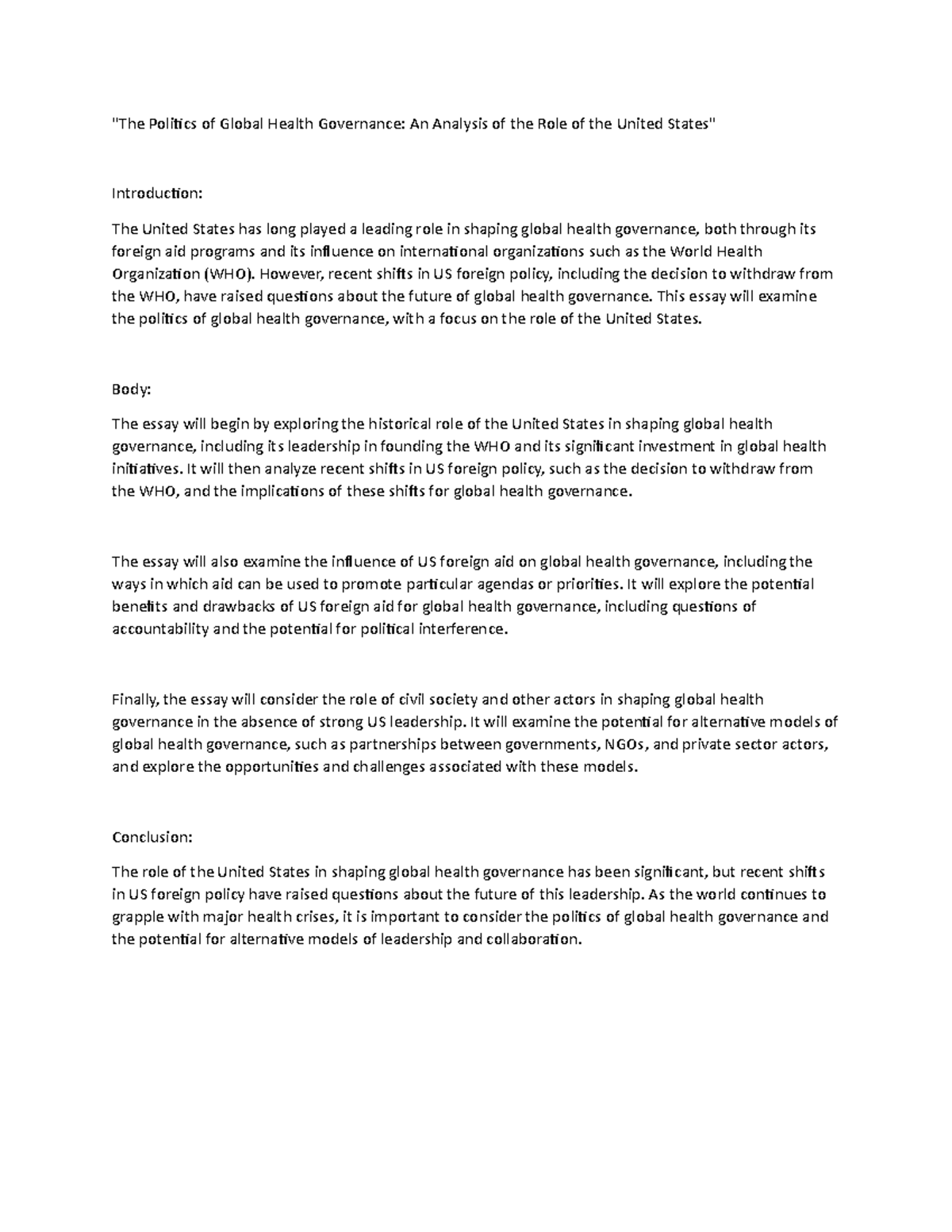 The Politics of Global Health Governance - However, recent shifts in US ...