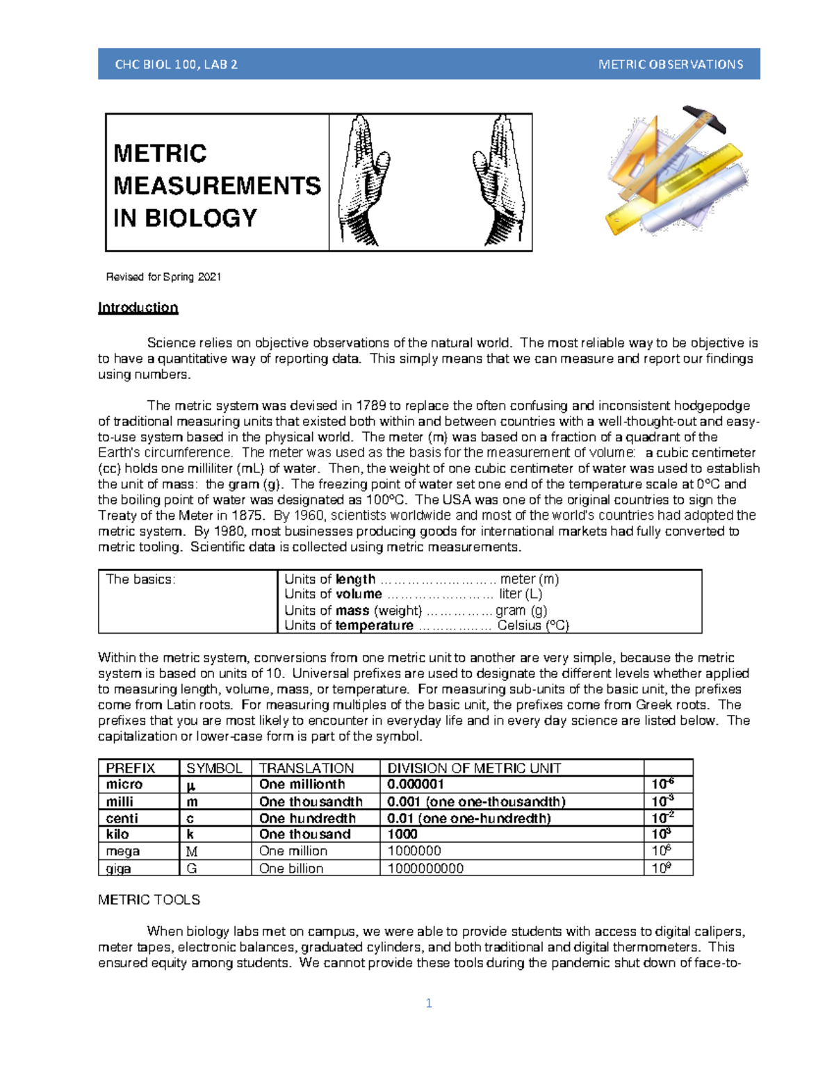 Completed Measurements METRIC MEASUREMENTS IN BIOLOGY Revised for