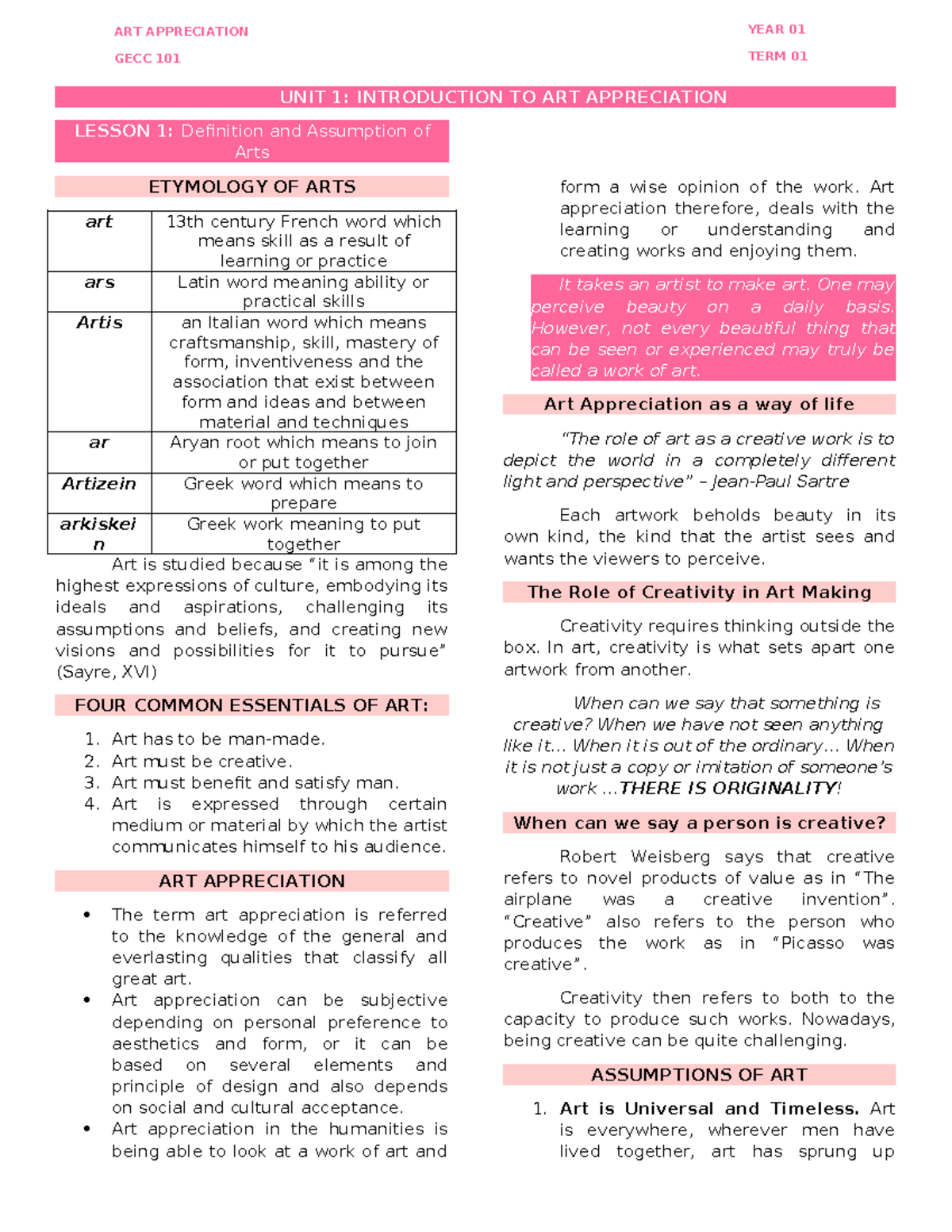 GECC101 Notes Reviewer for Art Appreciation TERM 01 ART
