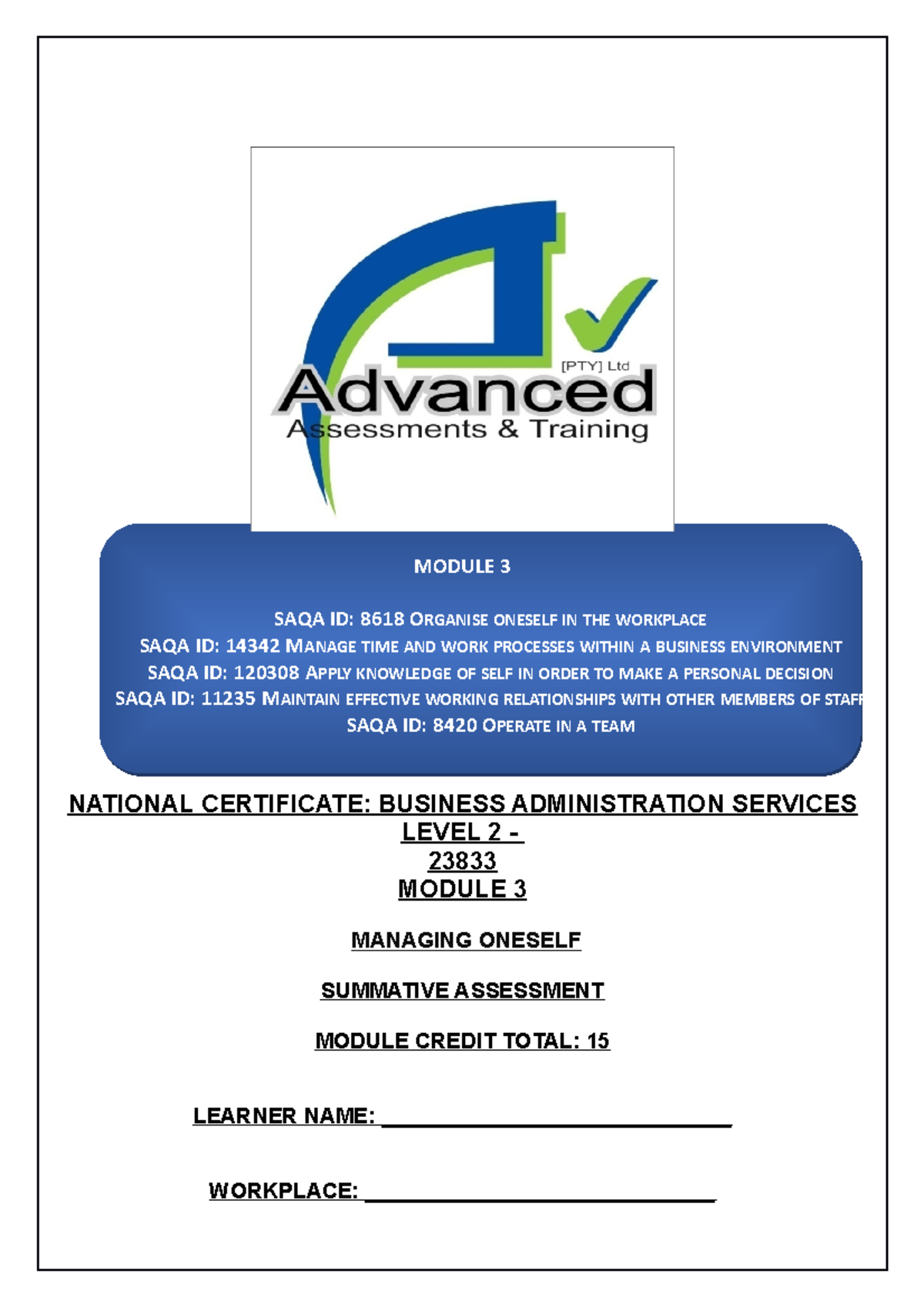 Module 3 S Summative assessment MODULE 3 SAQA ID 8618 ORGANISE