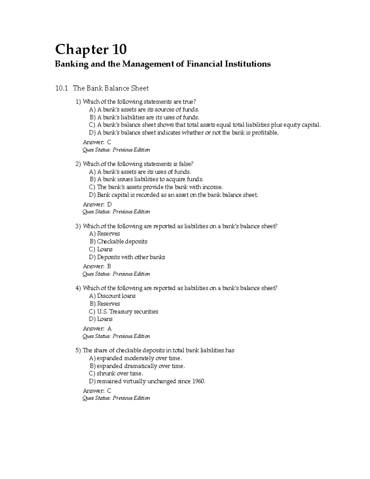 MCQs Chapter 10 Banking and the Management of Financial Institutions