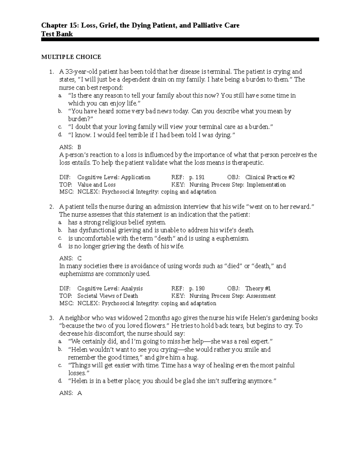 Rtf - NURSING - Chapter 15: Loss, Grief, The Dying Patient, And ...