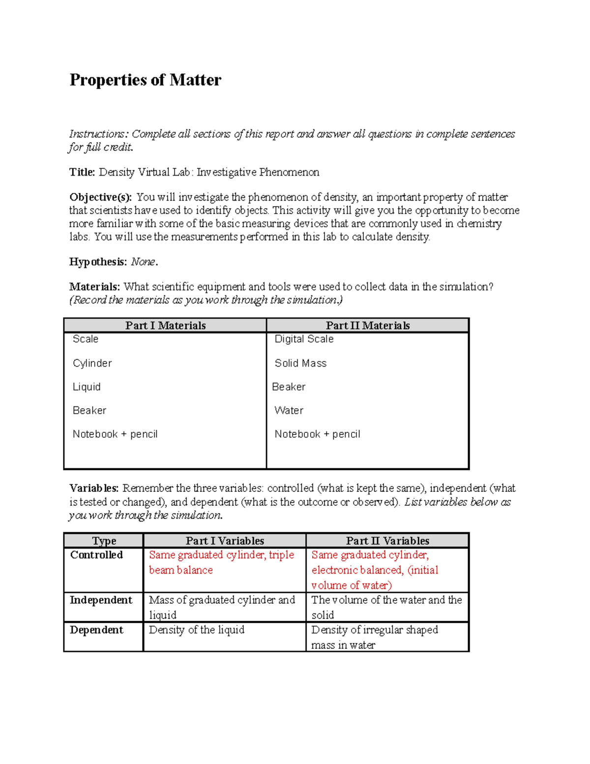 Properties of Matter Lab Properties of Matter Instructions Complete
