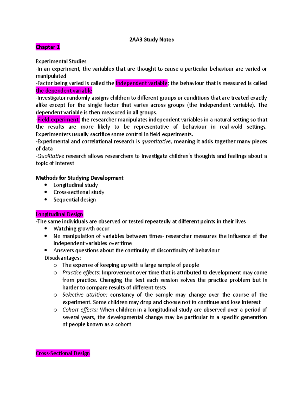 2AA3 Chapter 1 - 2AA3 Study Notes Chapter 1 Experimental Studies -In an ...