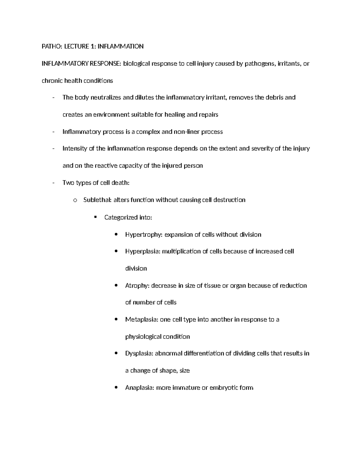 Patho notes - PATHO: LECTURE 1: INFLAMMATION INFLAMMATORY RESPONSE ...