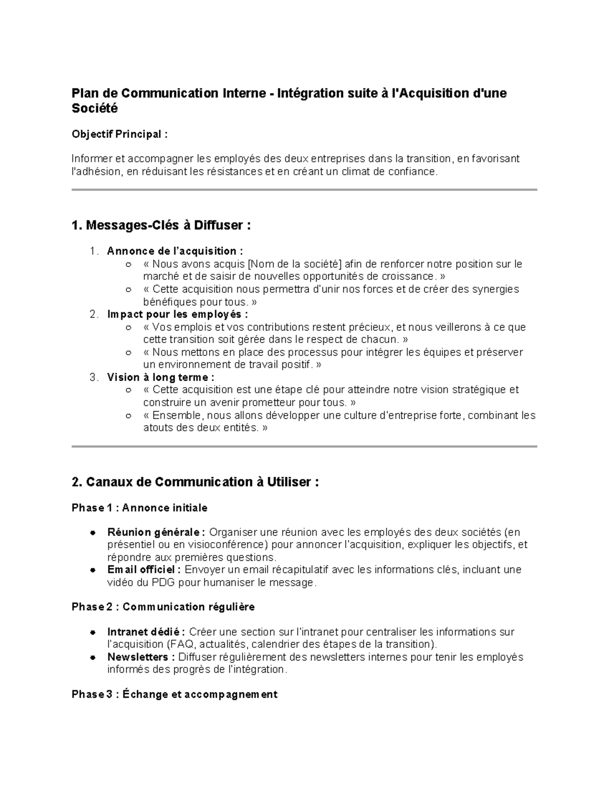 Plan Communication Interne Transition Acquisition - Plan de ...