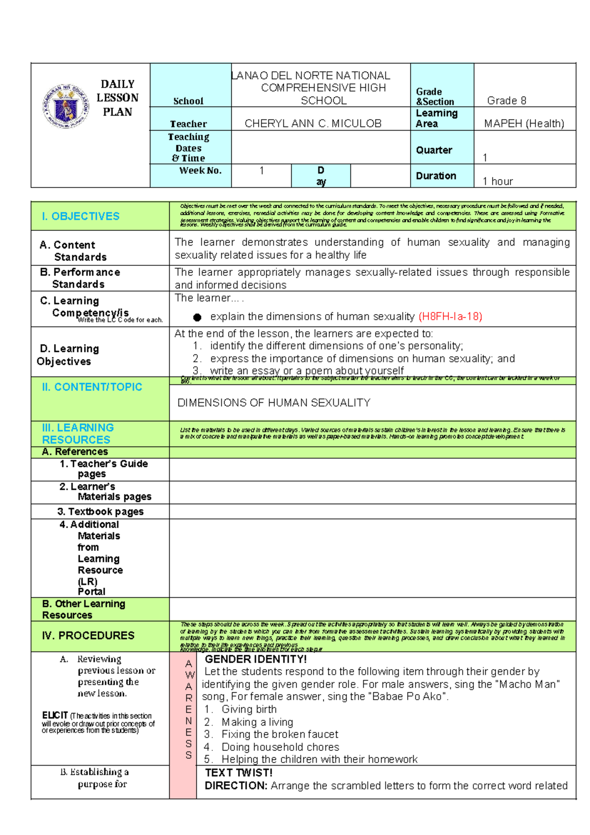 Q1 Cot Mapeh 8 H Ealth Lesson 2 Dimensions Of Human Sexuality Daily Lesson Plan School Lanao 1498