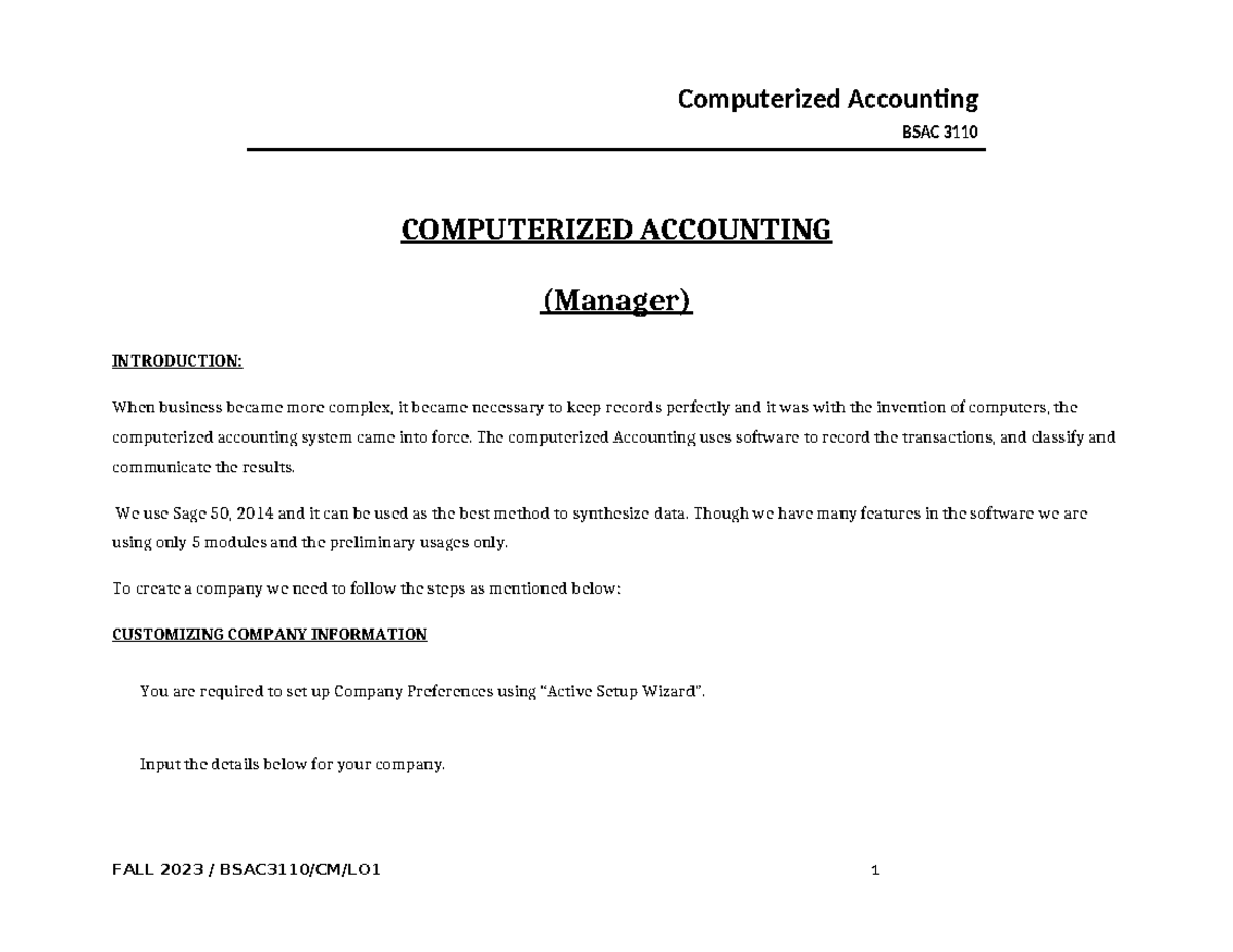 Handout 1 FALL 2023 - Bbbbbbbbbbb - BSAC 3110 COMPUTERIZED ACCOUNTING ...