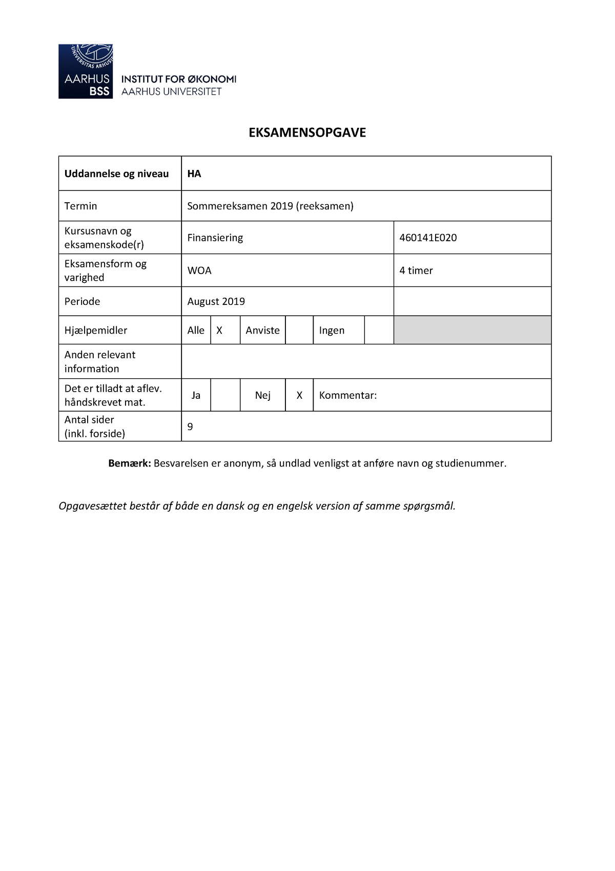 Exam S2019 R - EKSAMENSOPGAVE Uddannelse Og Niveau HA Termin ...