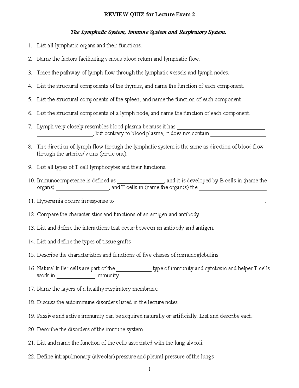 Lecture Ex 2 Fall20 - REVIEW QUIZ For Lecture Exam 2 The Lymphatic ...