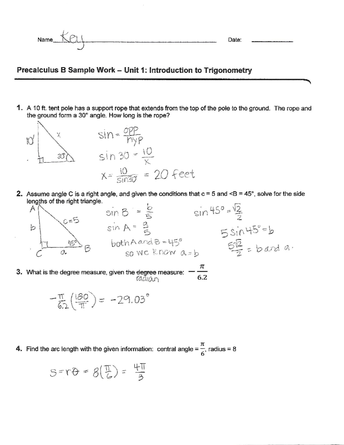 Precalculus B - Unit 1 KEY - Sample Work - MATH 105 - StuDocu