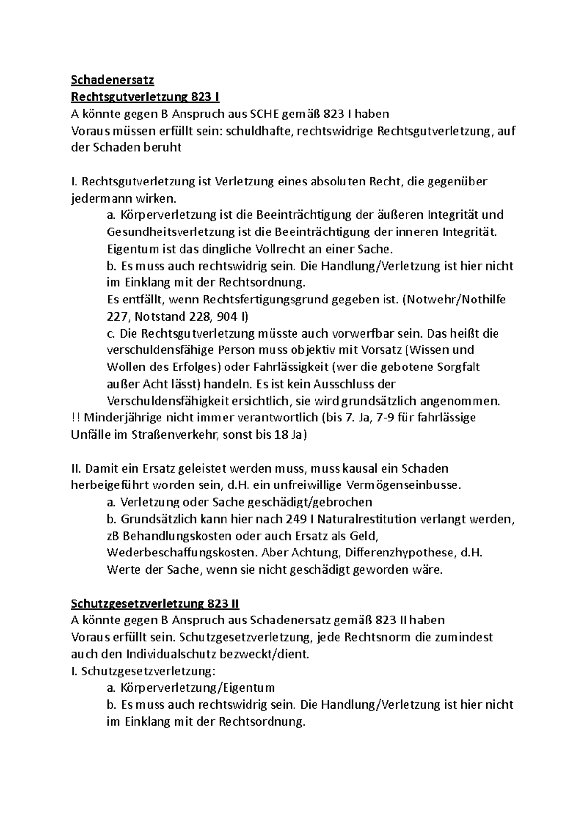 BGB Schemata - Vorbereitung Klausur - Schadenersatz Rechtsgutverletzung ...