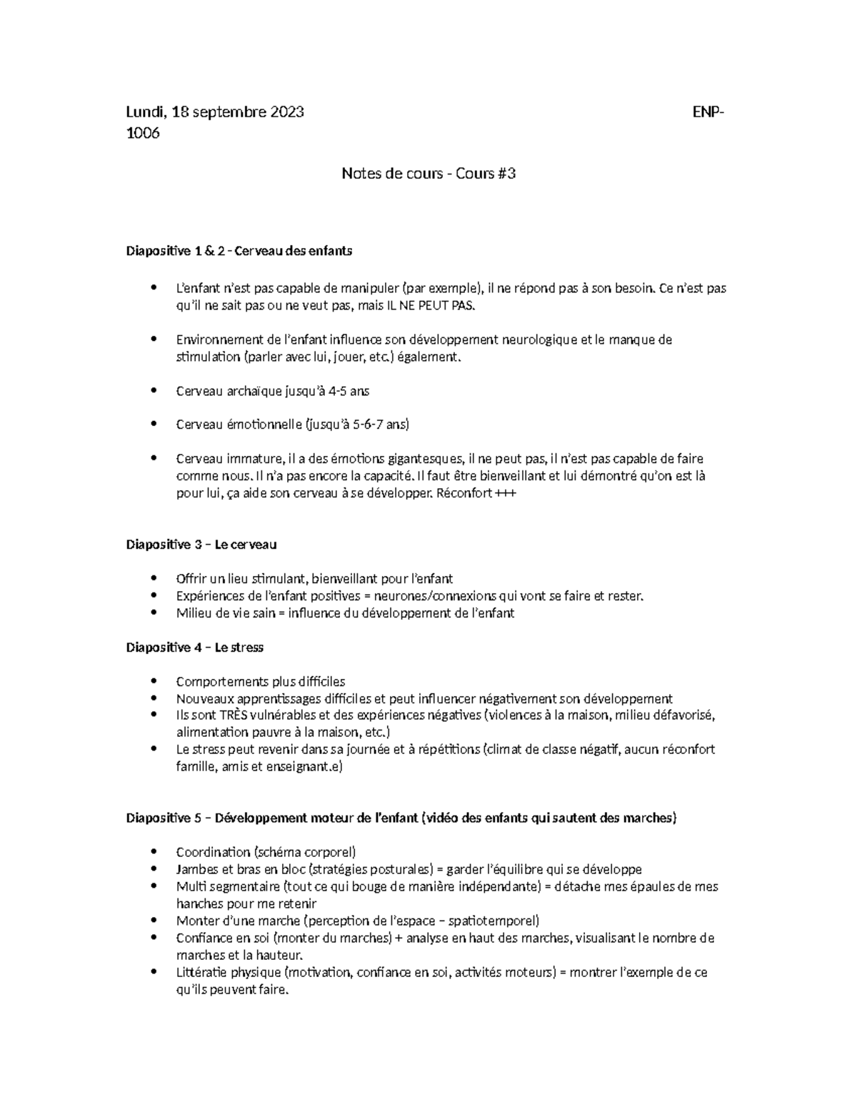 Cours 3 - Notes de cours - Lundi, 18 septembre 2023 ENP- 1006 Notes de ...