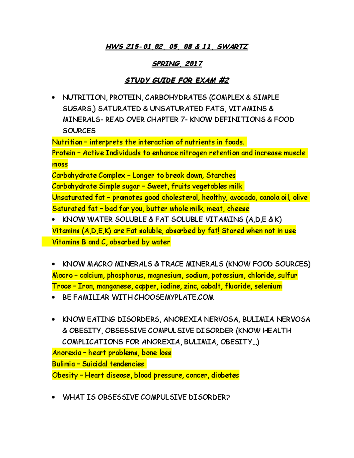 Exam 2C Study Guide Summary Wellness through Weight Training HWS