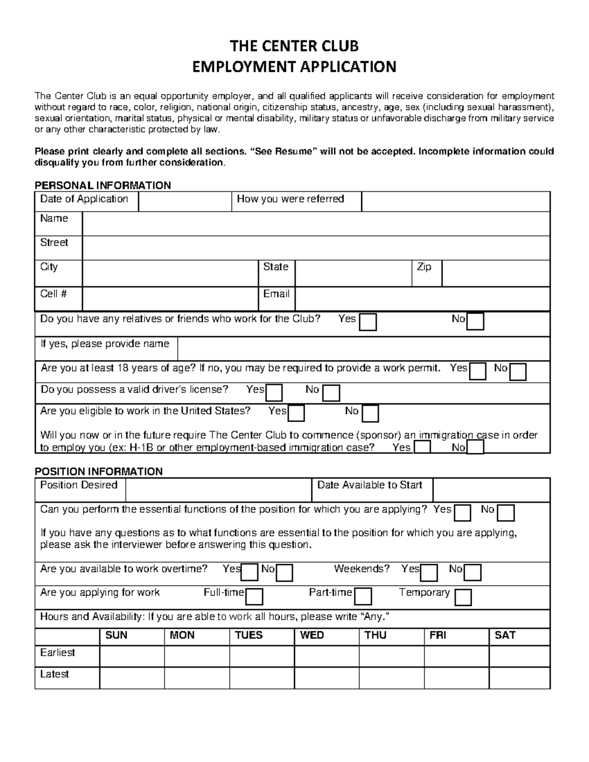 Employment Application 2022 - EMPLOYMENT APPLICATION The Center Club is ...