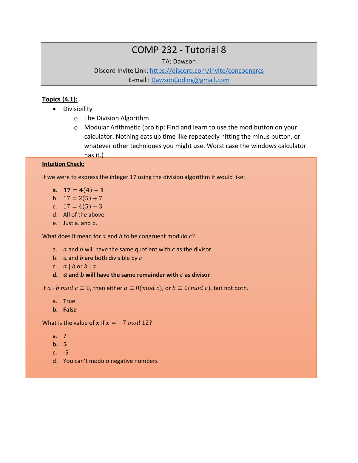 Comp232 Tutorial 08 With Answers Studocu