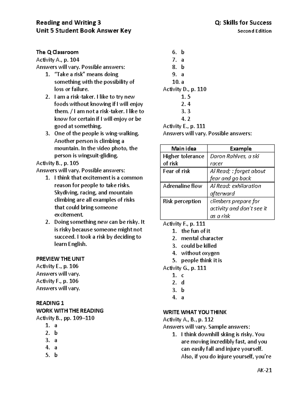 on point 1 reading and critical thinking skills answer key