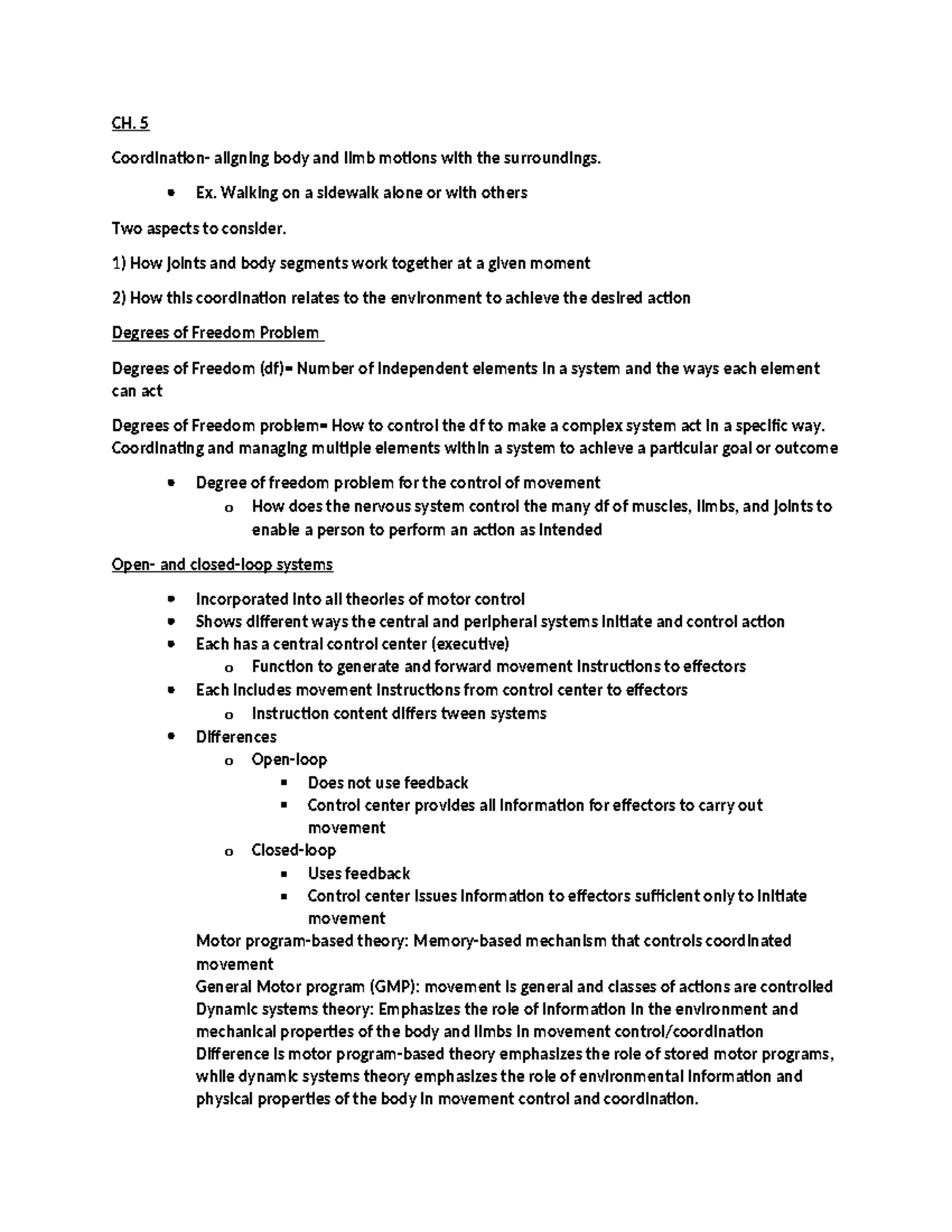 Ch. 5 notes - Summary Motor Learning - CH. 5 Coordination- aligning ...