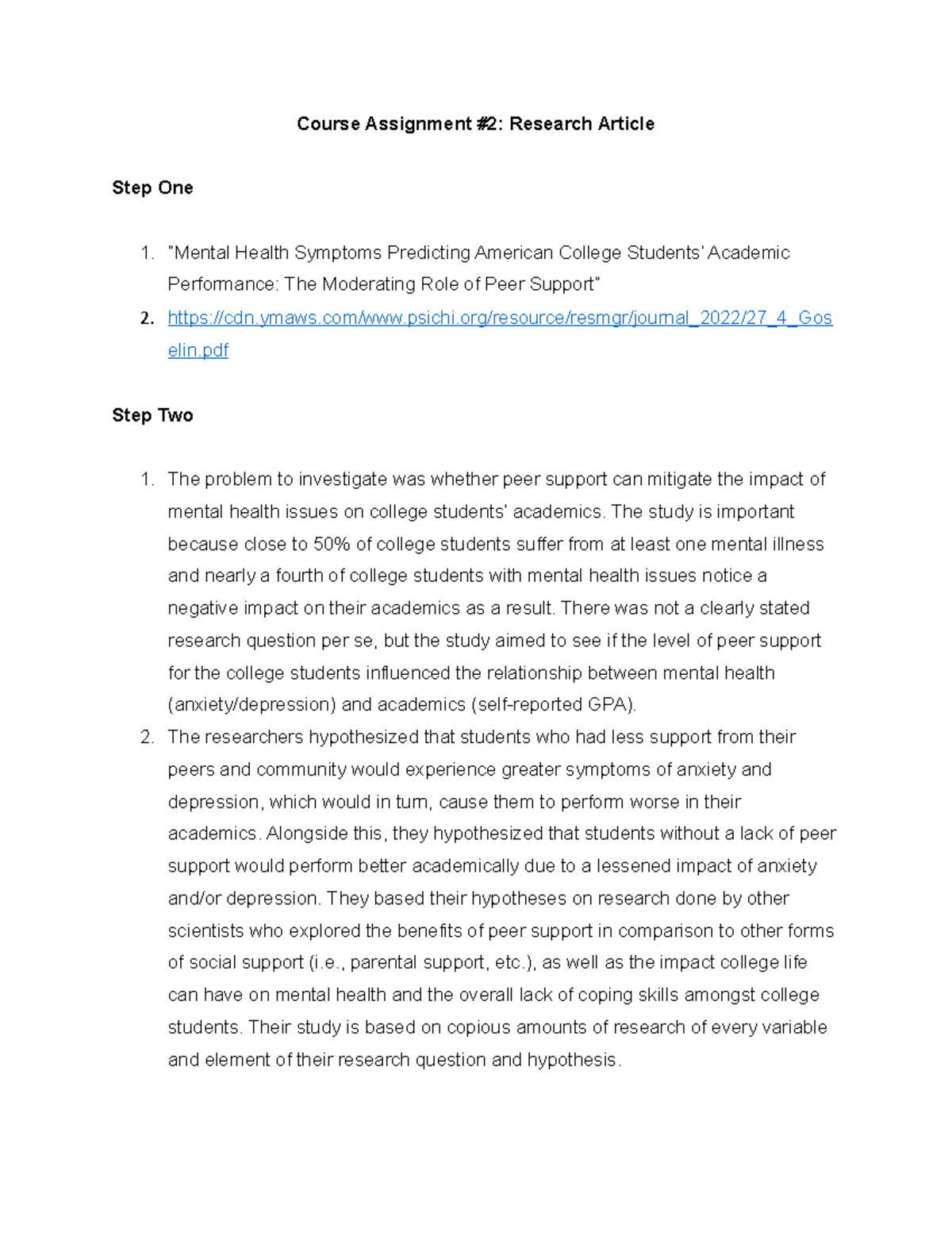 Research Article - This is a course assignment from online PSYCH 1101 ...