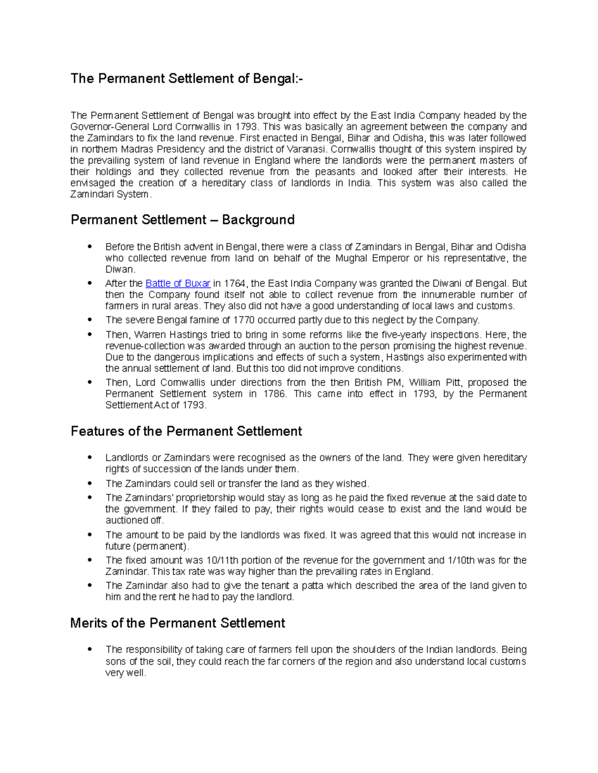 Who Introduced Permanent Settlement Of Land In Bengal