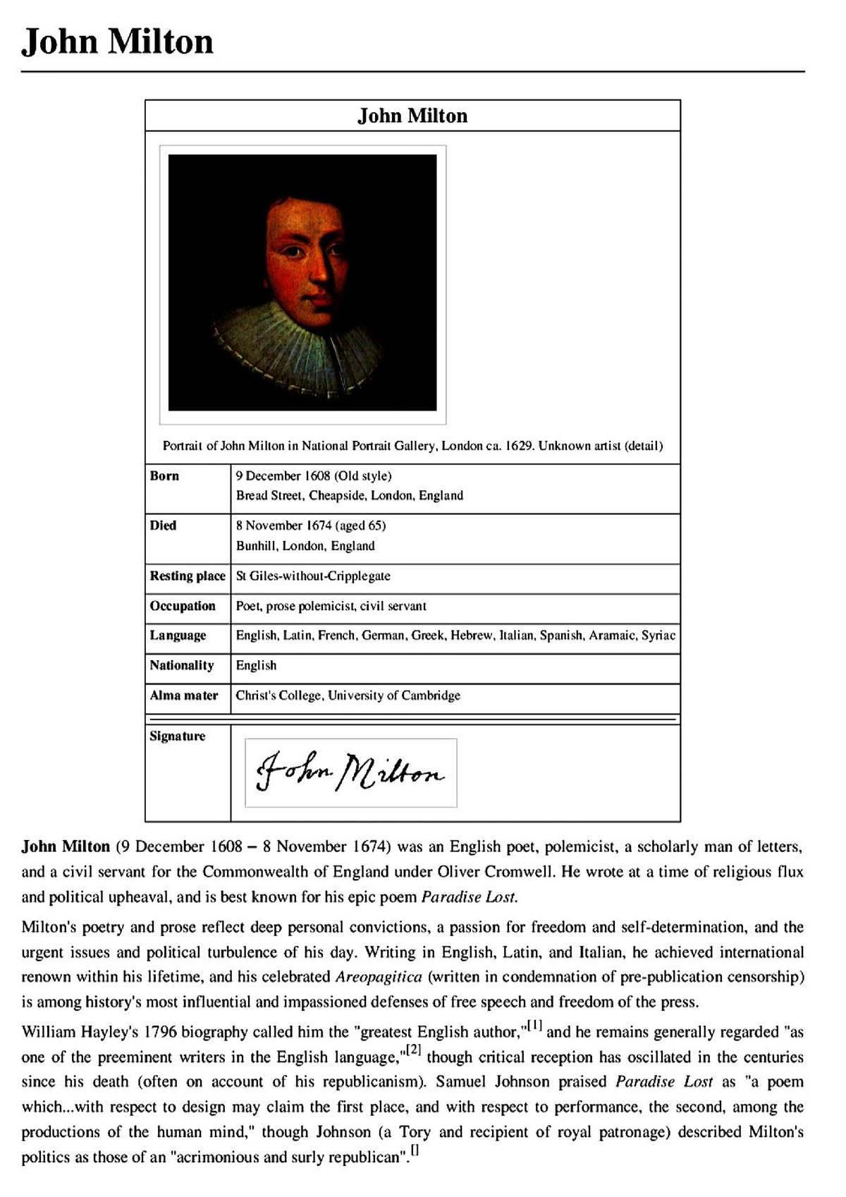 write essay about john milton