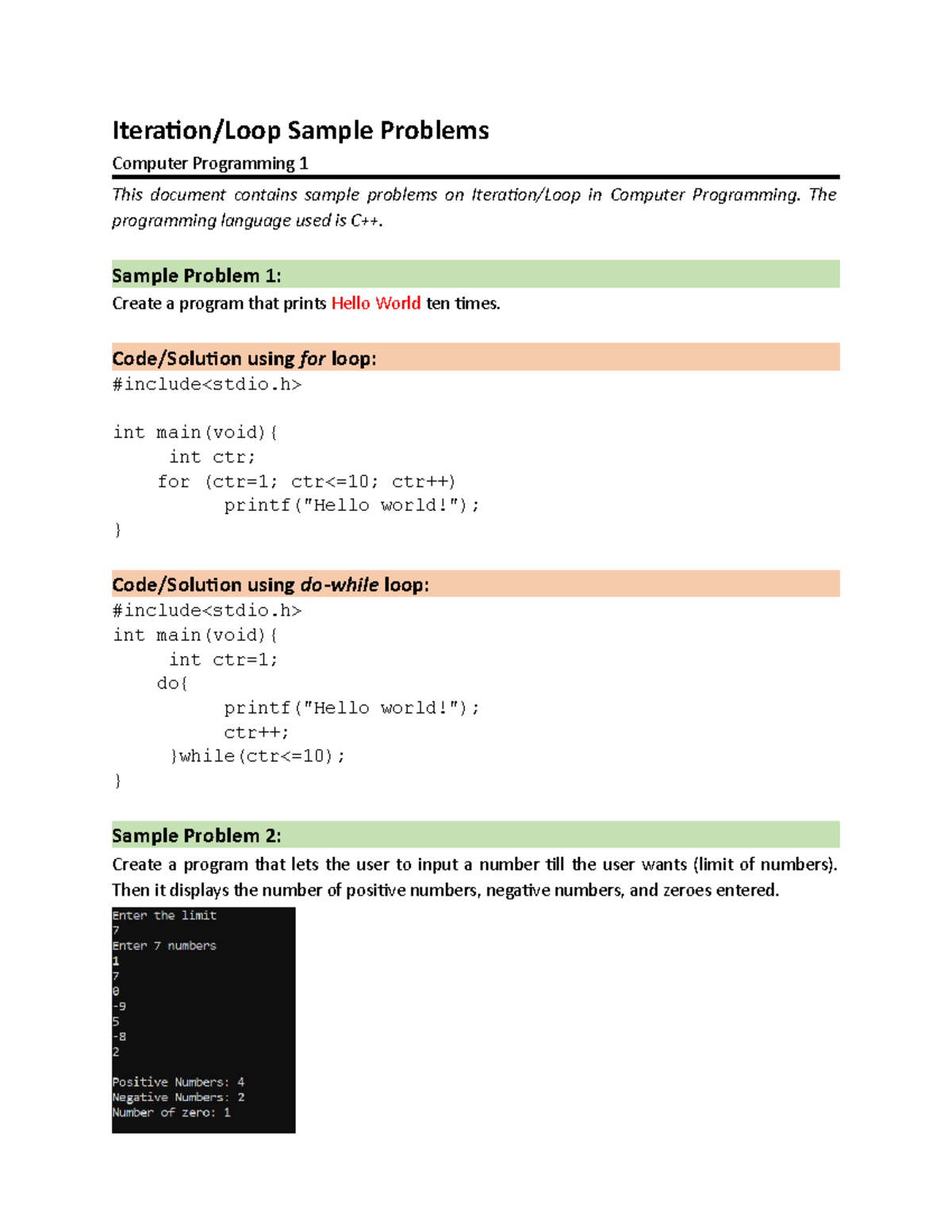 Iteration and Loop Sample Problems with Codes - Iteration/Loop Sample ...