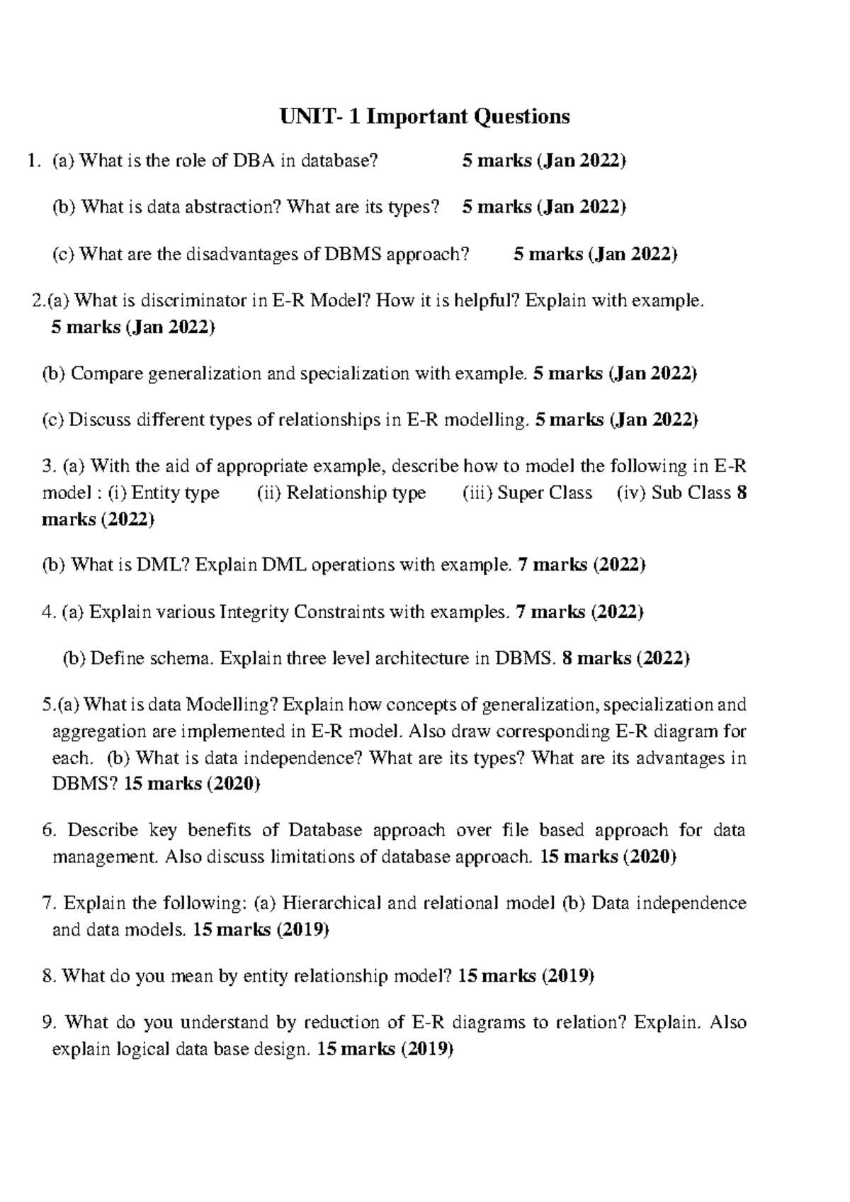 DBMS Question Bank - UNIT- 1 Important Questions (a) What is the role ...