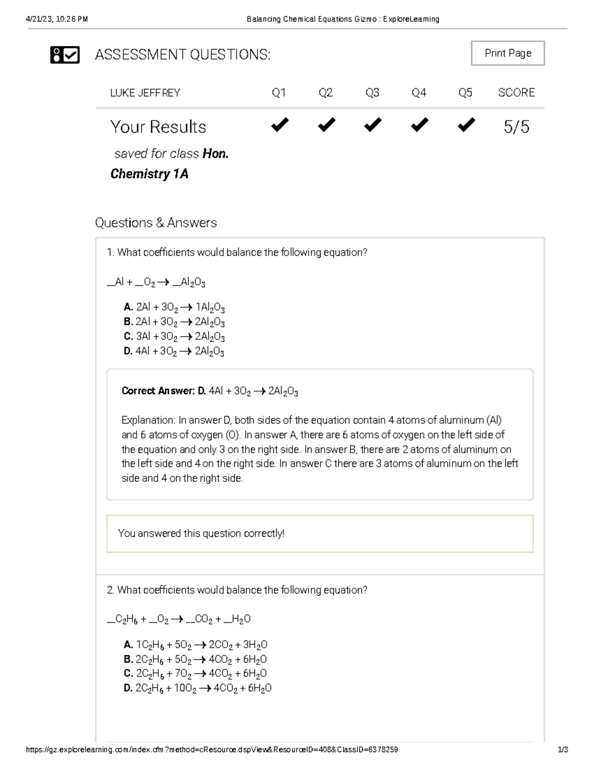 Balancing Chemical Equations Gizmo Quiz Studocu