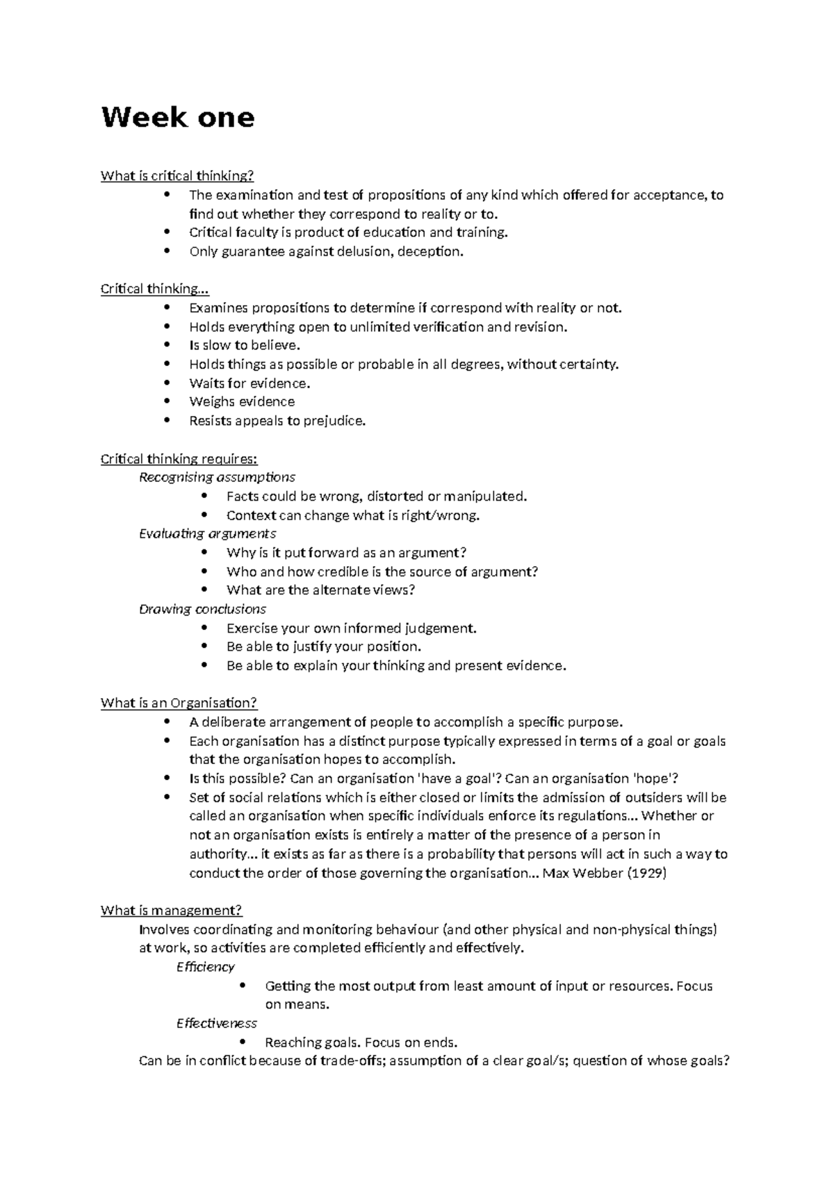 MNGT1001 Lecture Notes Week 1 & 2 - Week one What is critical thinking ...