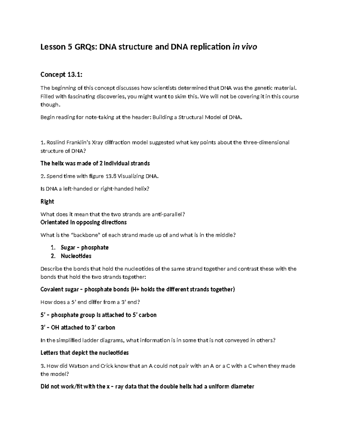 Lesson 5 GRQs - BIOL103 - Lesson 5 GRQs: DNA structure and DNA ...