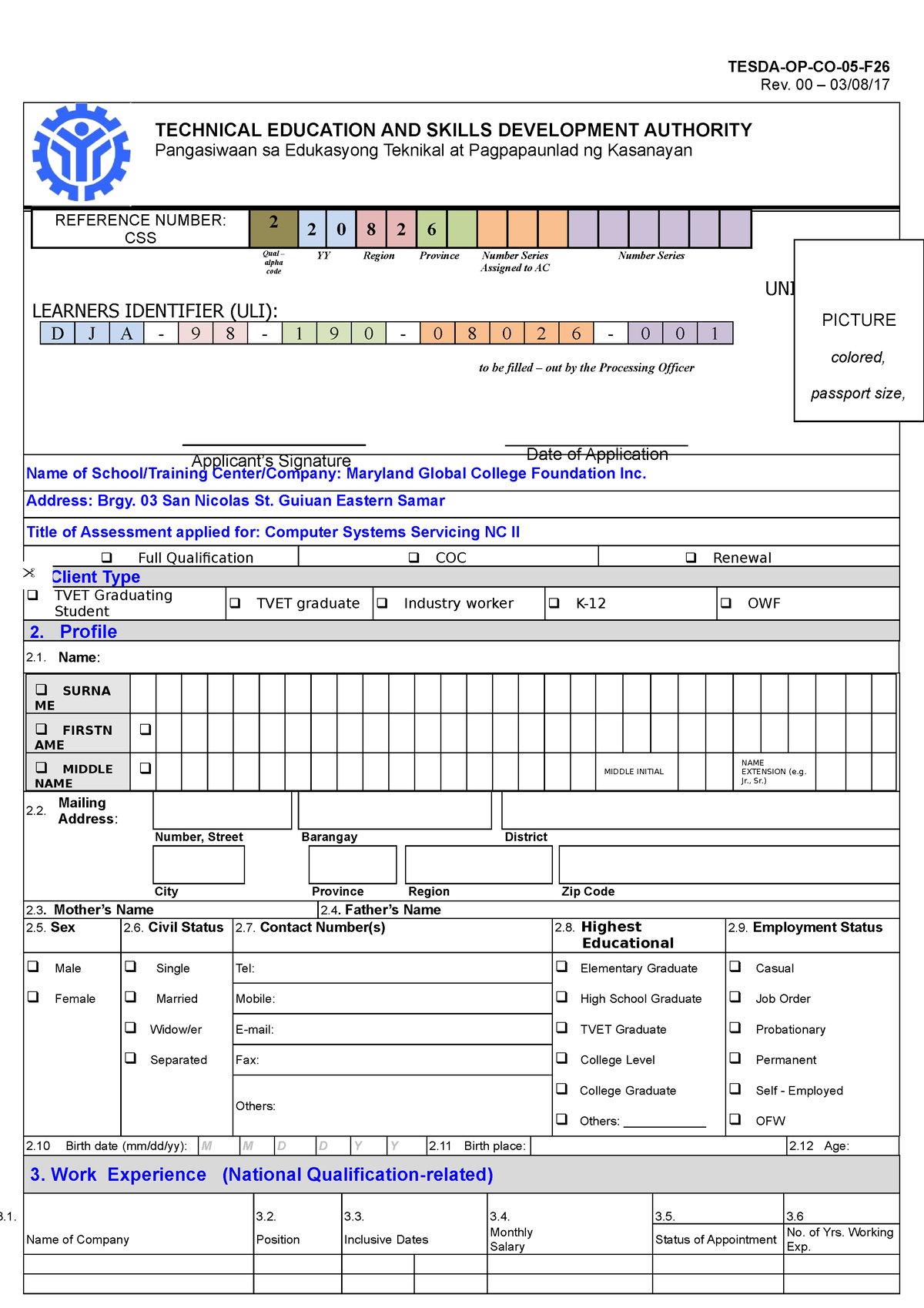 Assessment Application FORM APPLICATION FORM TESDA OP CO 05 F Rev 00   Thumb 1200 1698 