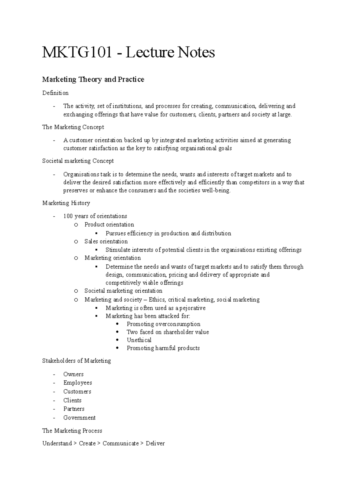 Lecture Notes - MKTG101 - Lecture Notes Marketing Theory and Practice ...
