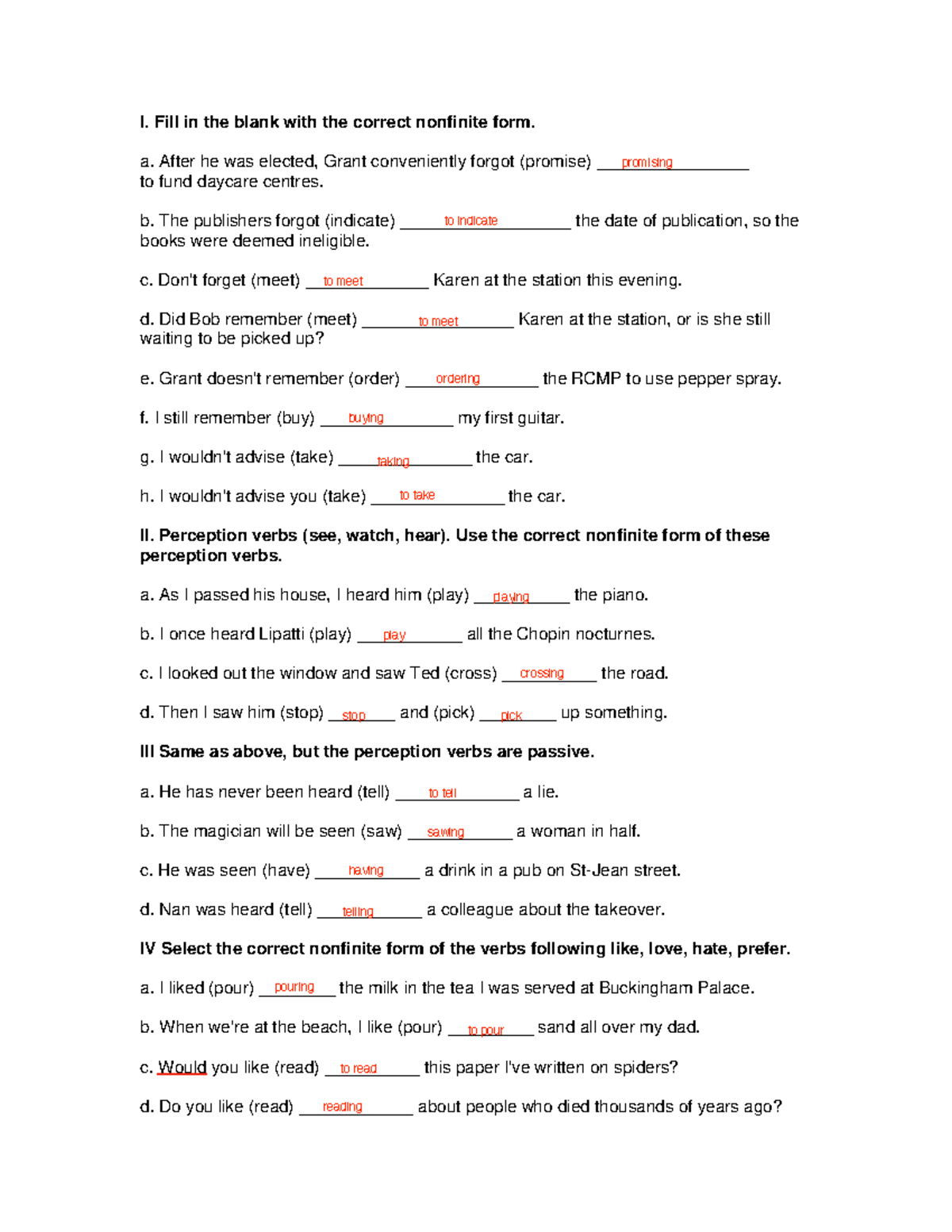 Nonfinite clause 2 - Exercises - I. Fill in the blank with the correct ...