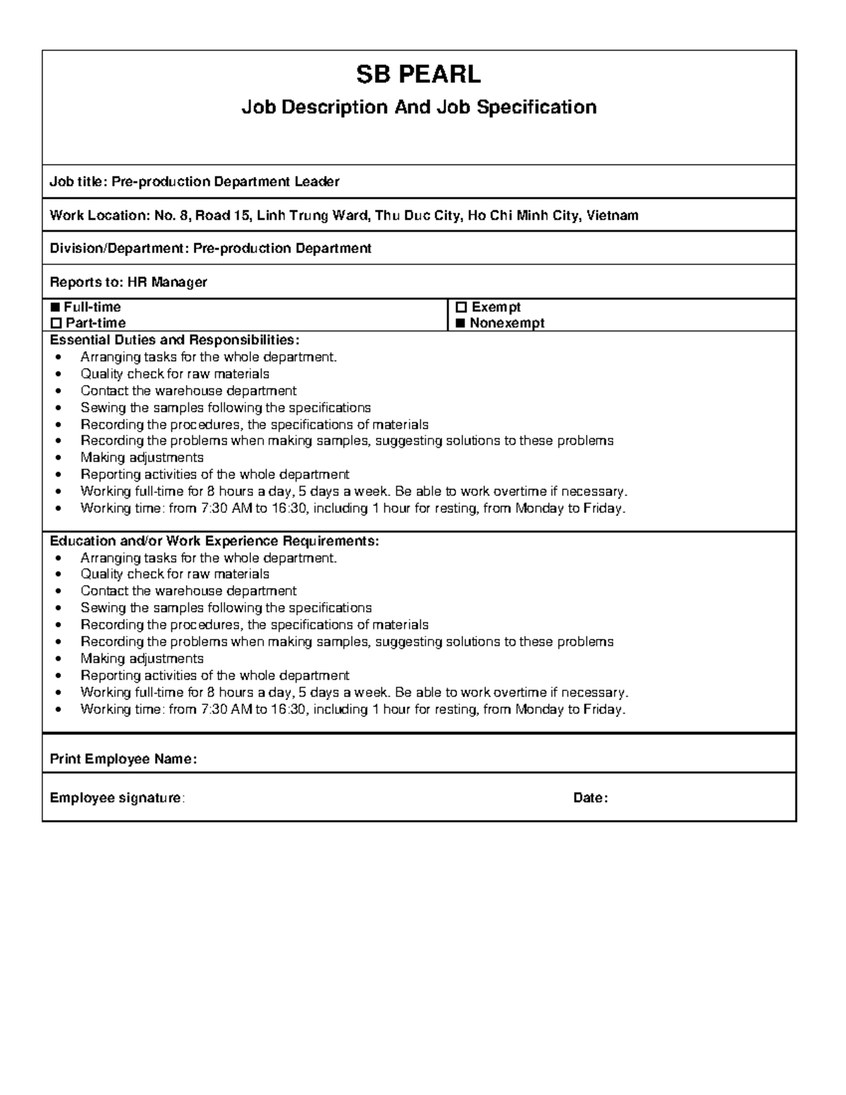 Job Description Template - SB PEARL Job Description And Job ...