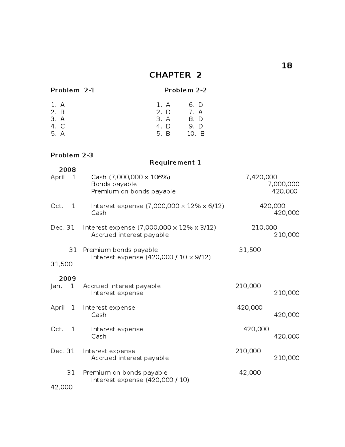 Chapter 2 to 3 - Answer key - 18 CHAPTER 2 Problem 1. 2. 3. 4. 5. A B A ...