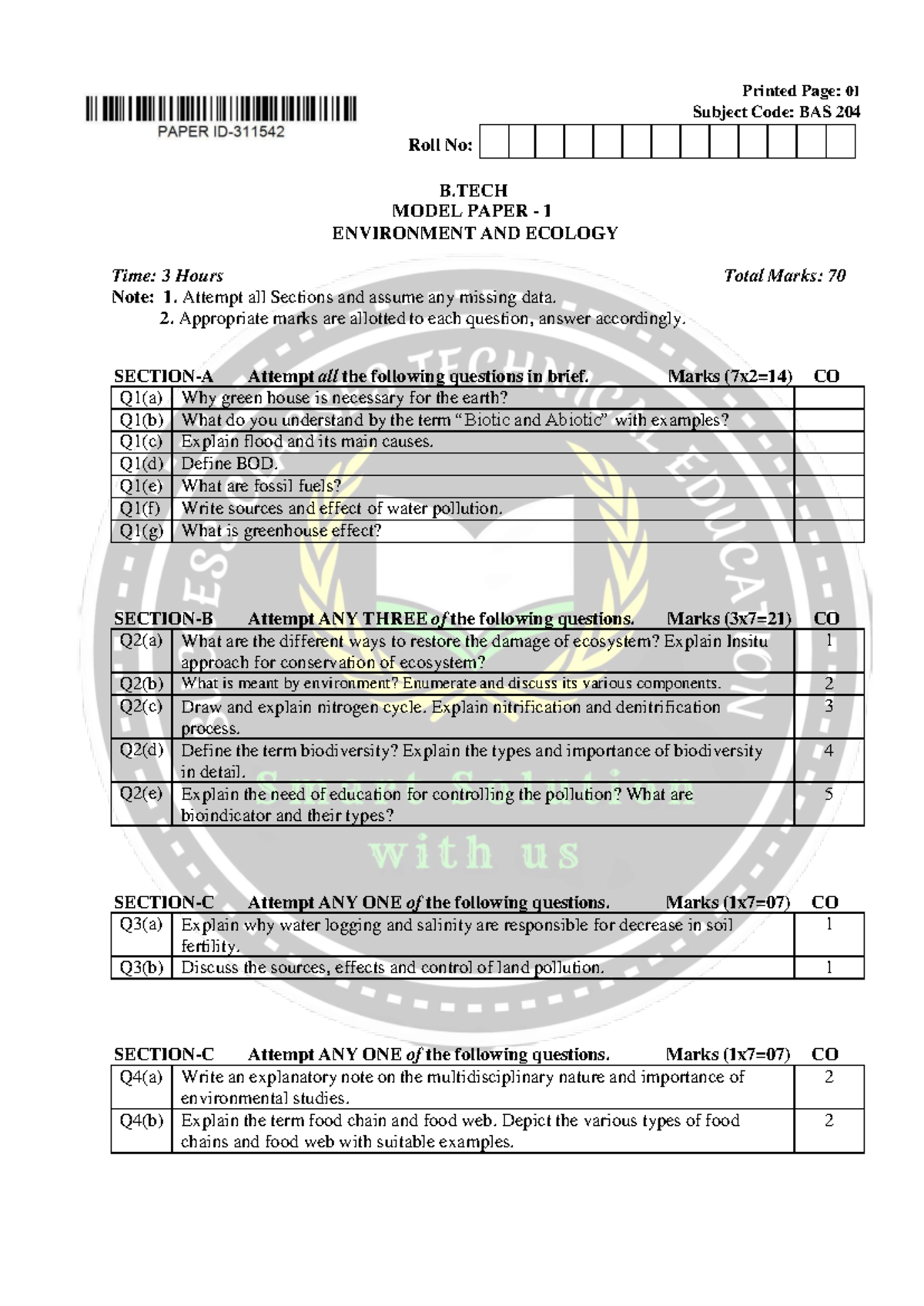 BAS 104 Model Paper-1 - good book - Roll No: Printed Page: 01 Subject ...