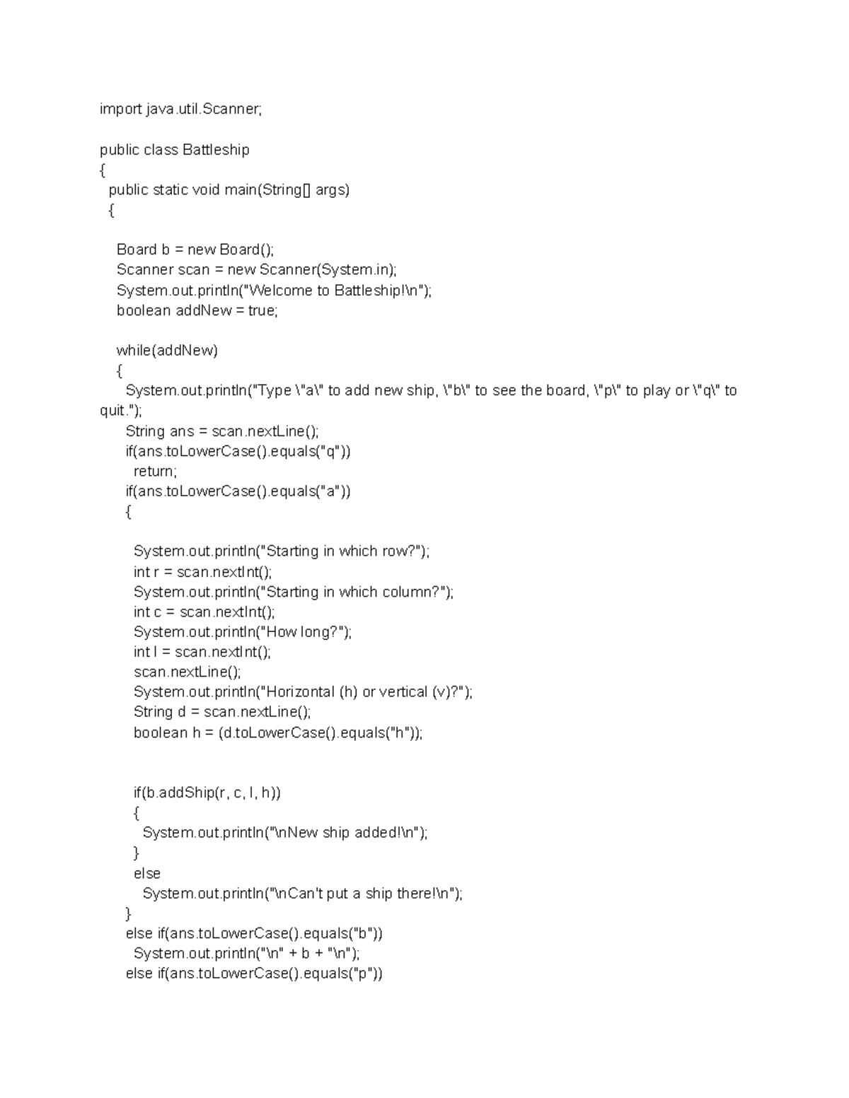 Battleship - Apcsa - Import Java.util; Public Class Battleship { Public ...