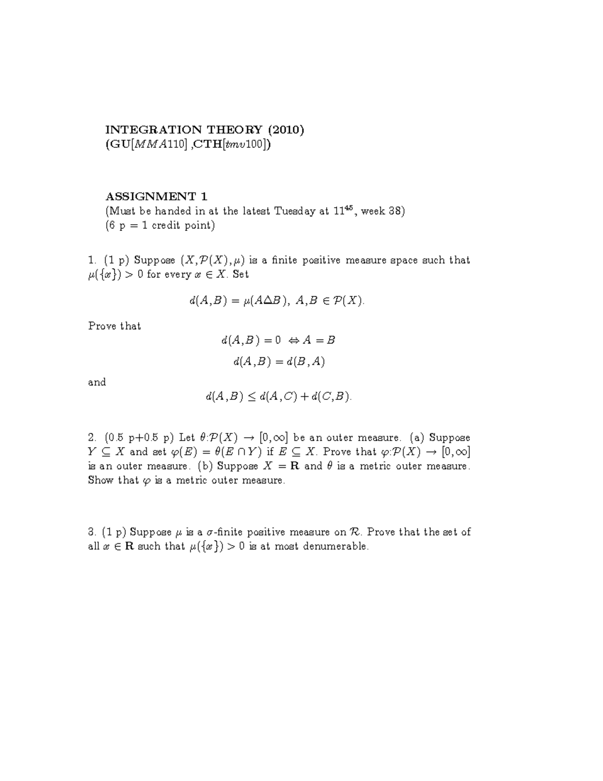 Seminar Assignments 1 3 Integration Theory Integration Theory 10 Gu Mma110 Cth Tmv100 Studocu