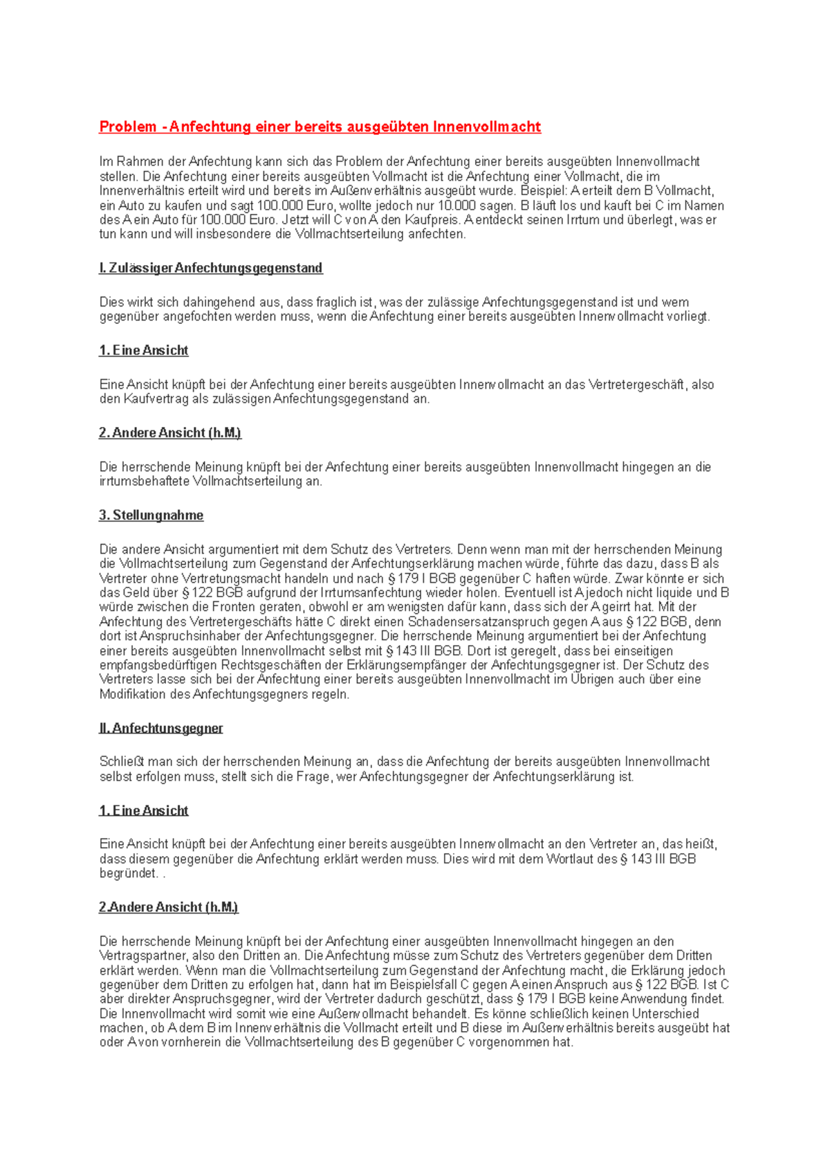 Anfechtung Einer Bereits Ausgeübten Innenvollmacht