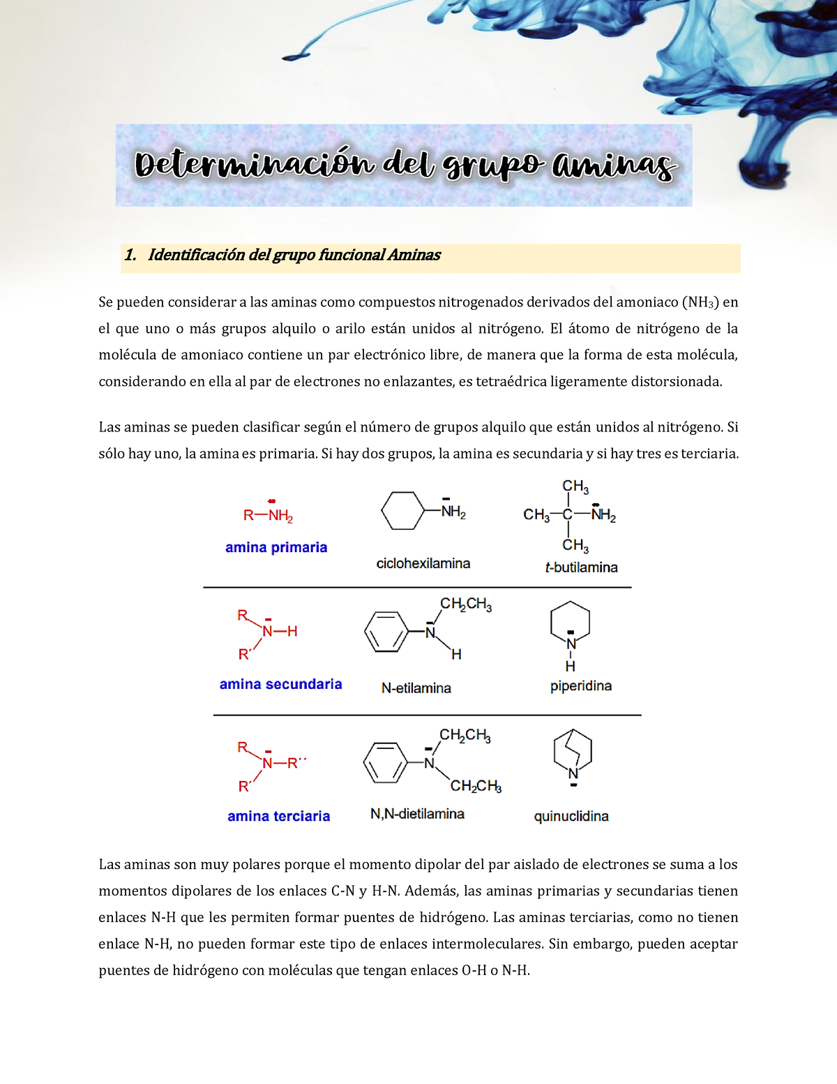 Aminas - 1. Identificación del grupo funcional Aminas Se pueden ...