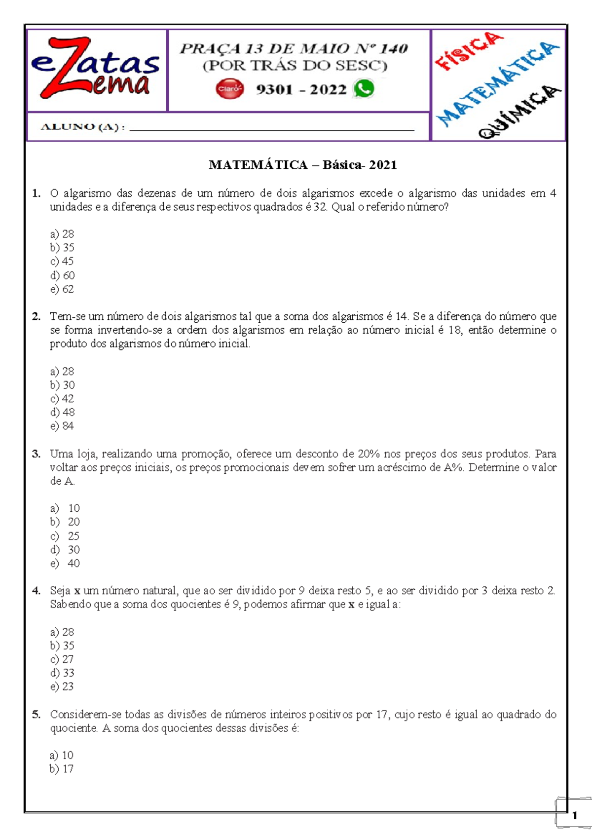 Matemática – Básica - AULA 1 - MATEMÁTICA – Básica- 2021 O algarismo ...