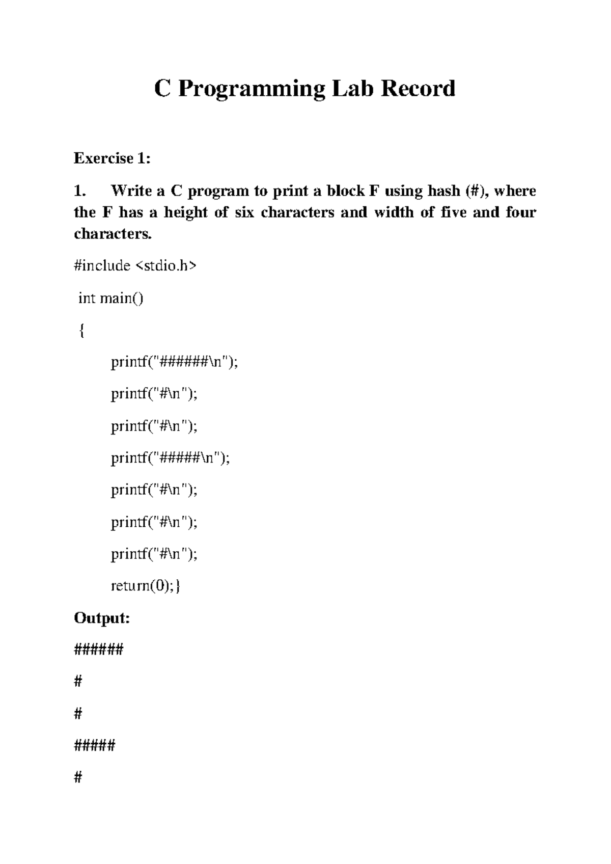 CP-LAB Record - C Programming Lab Record Exercise 1: Write a C program ...