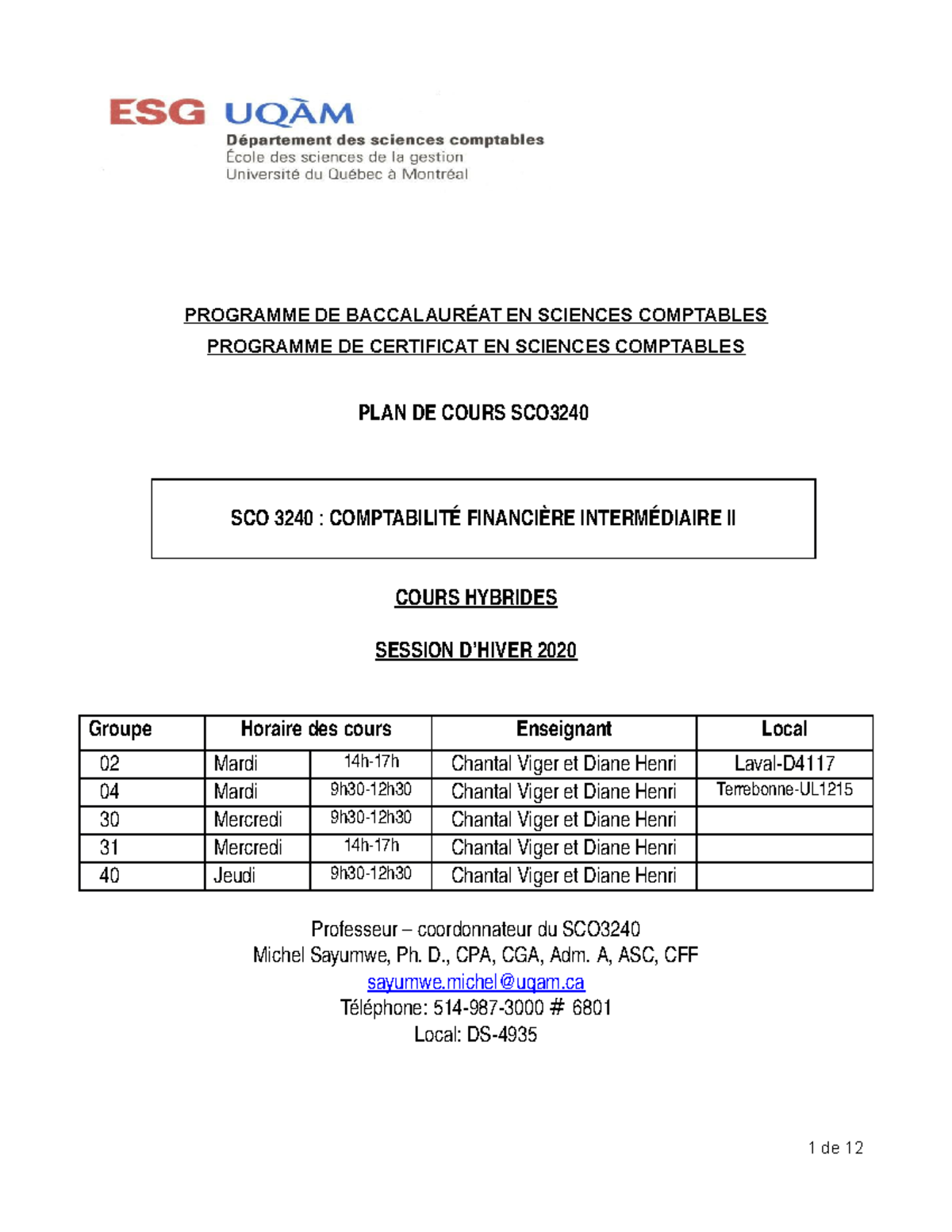 Plan De Cours Programme De Baccalaureat En Sciences Comptables Programme De Certificat En Sciences Studocu