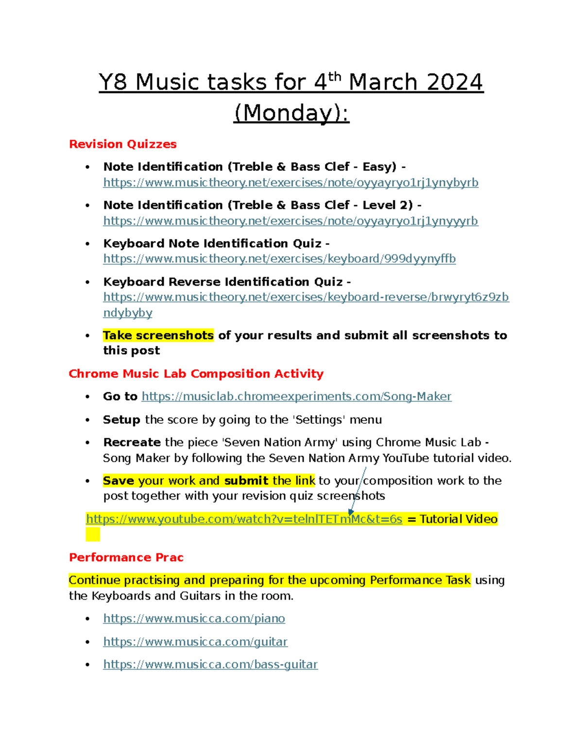 Y8 Music Plan Carlingford - 4th March - Y8 Music tasks for 4 th March ...