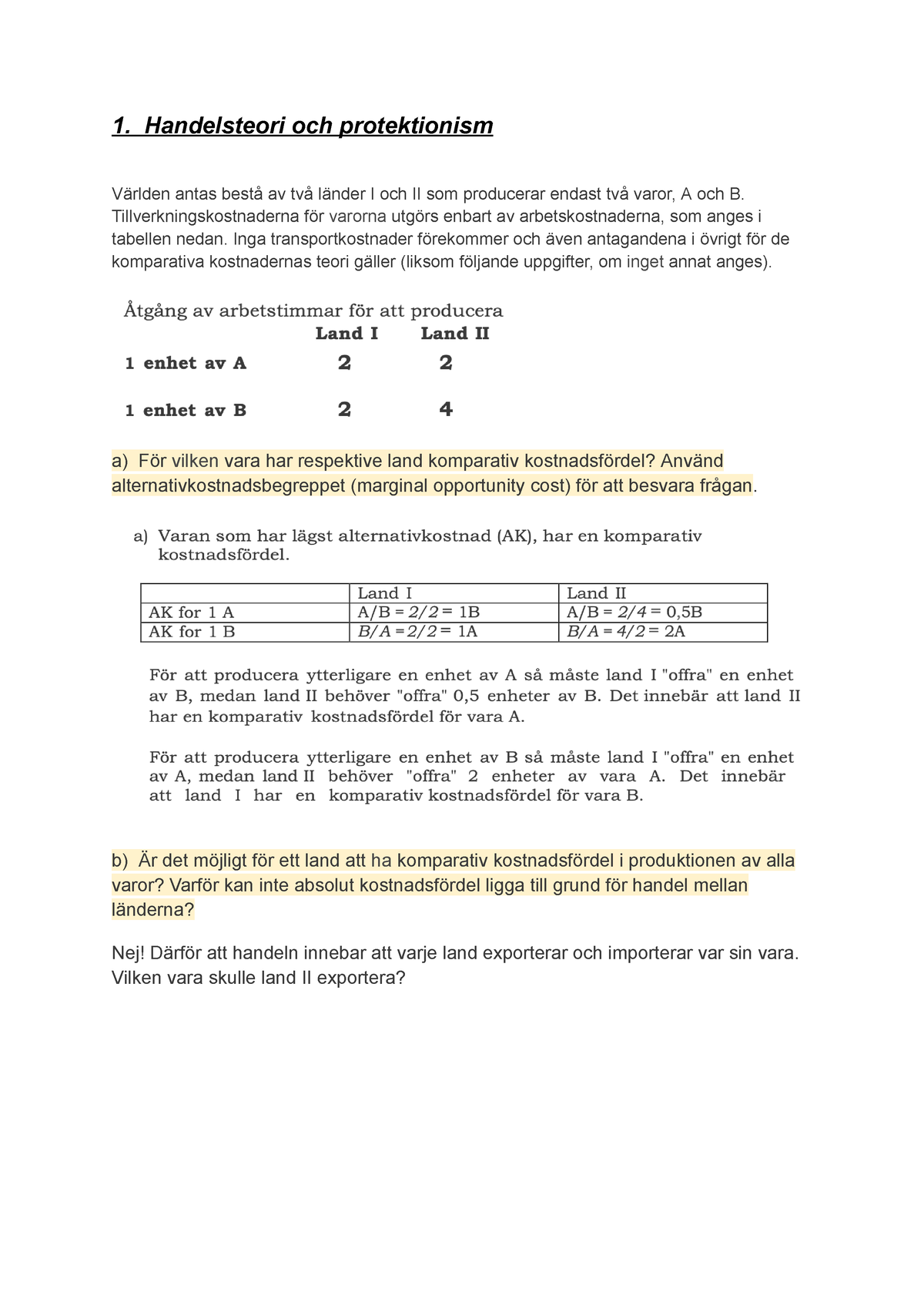 Internationell Ekonomi övningar - 1. Handelsteori Och Protektionism ...
