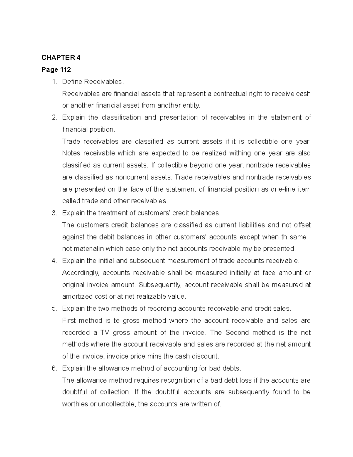 Chapter 4. Valix CHAPTER 4 Page 112 1. Define Receivables