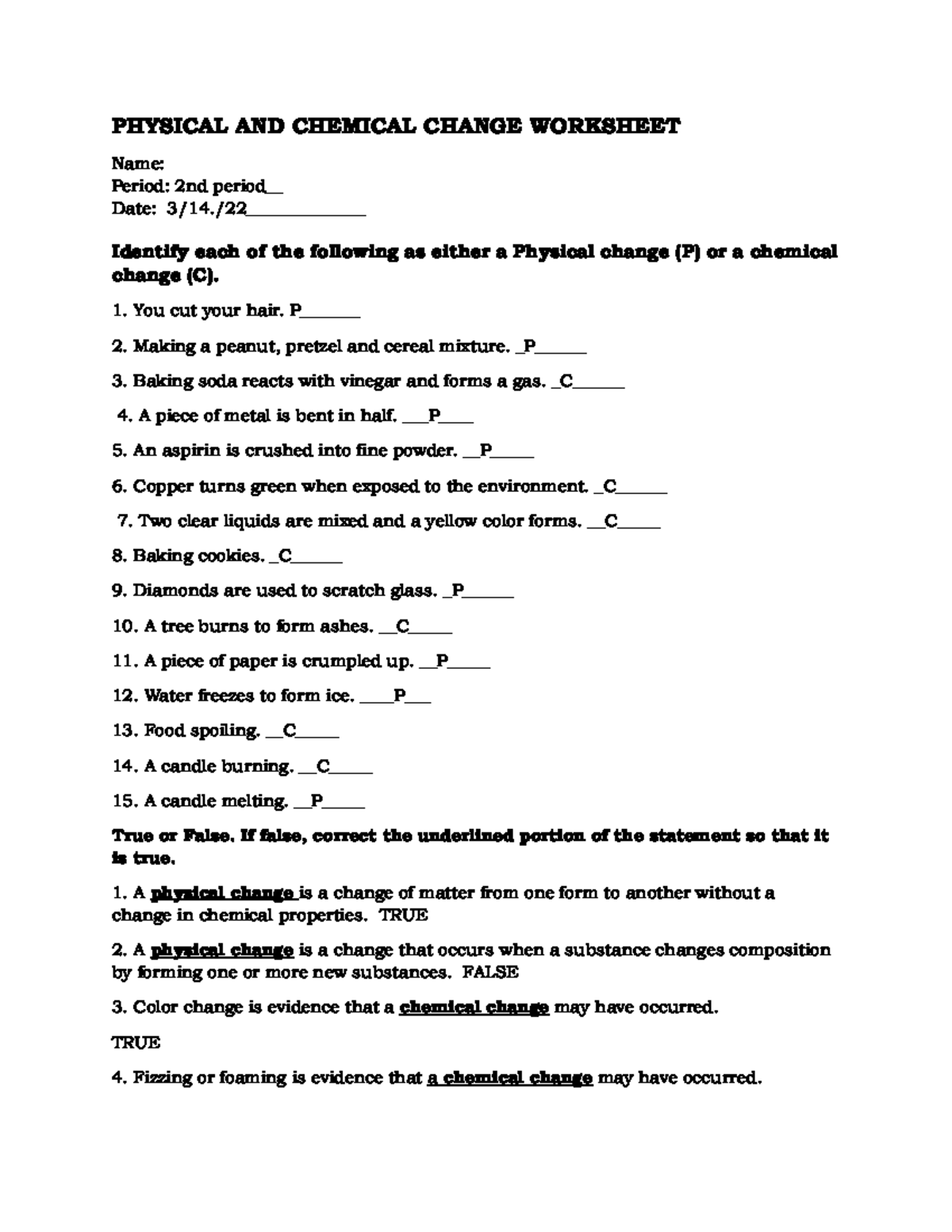 Copy of Physical AND Chemical Change Worksheet - PHYSICAL AND CHEMICAL ...