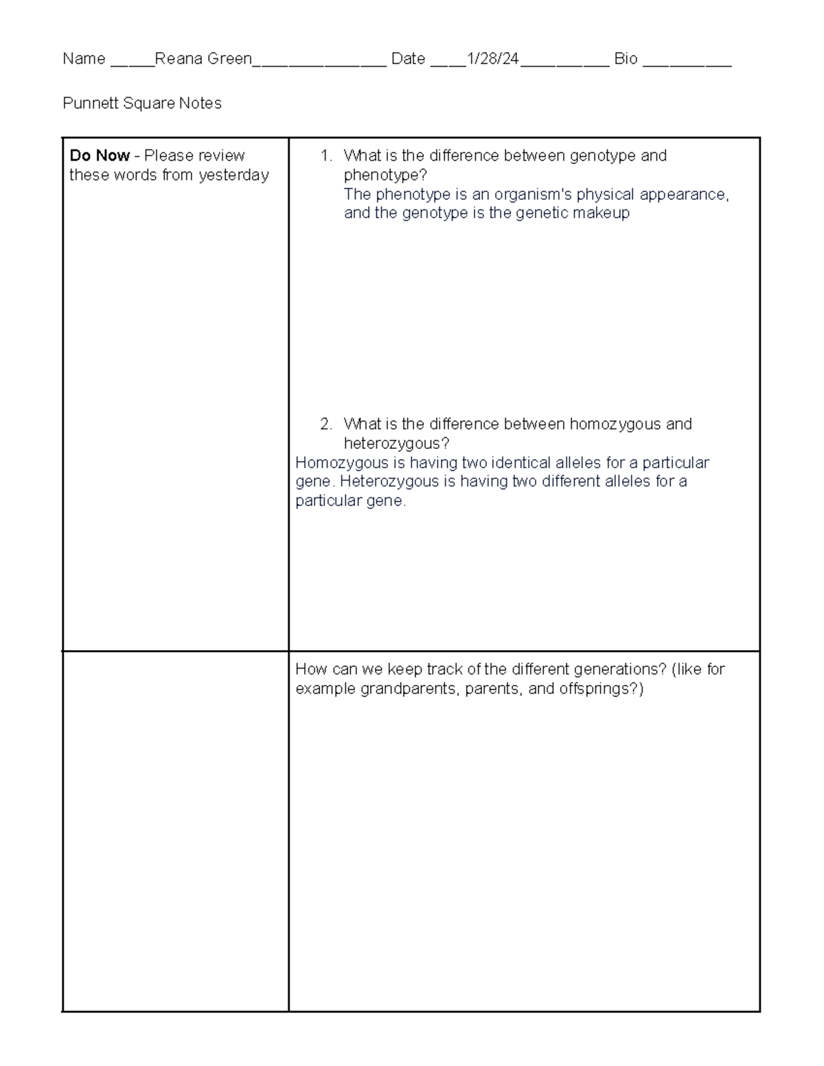 Copy of Punnett Square Notes - Name Reana Green__________ Date 1/28/24 ...